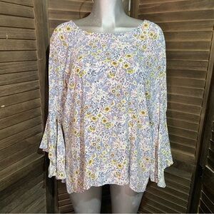 Sunflower Floral Print Women's Top Cottagecore Bell Long Sleeve Bohemian Flowy L